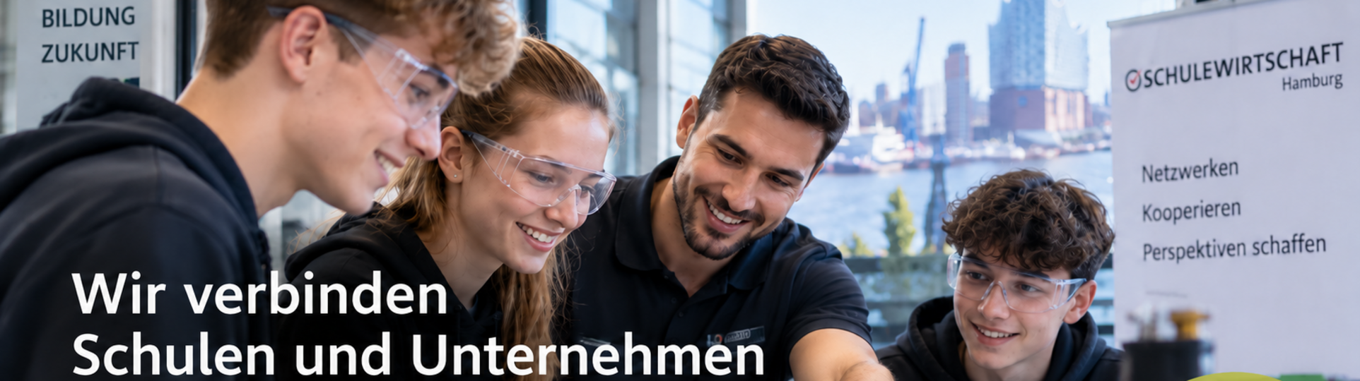 Lehrer zeigt 3 Schülern ein Experiment